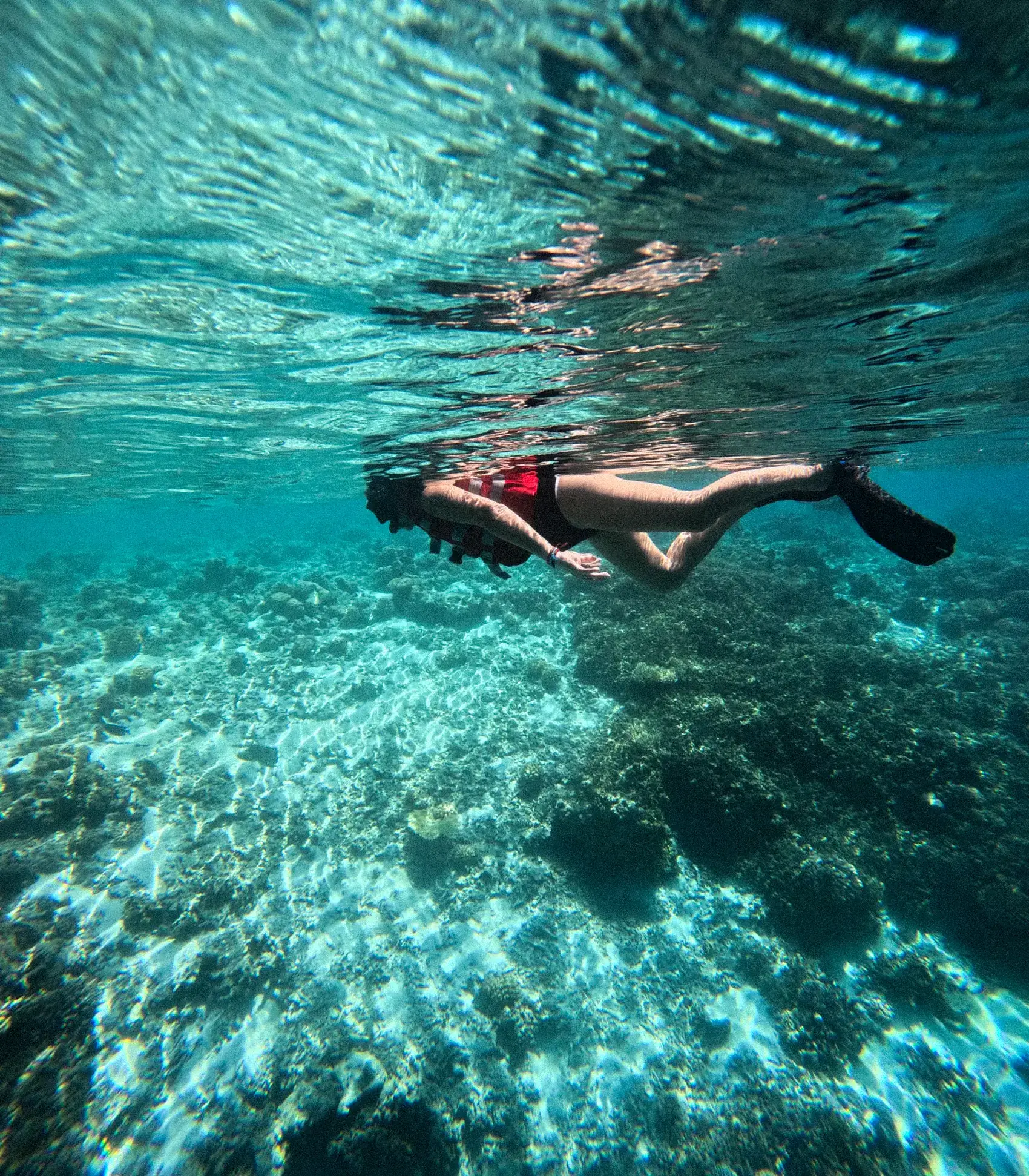 Una persona haciendo snorkel sobre un arrecife de coral, en agua turquesa transparente