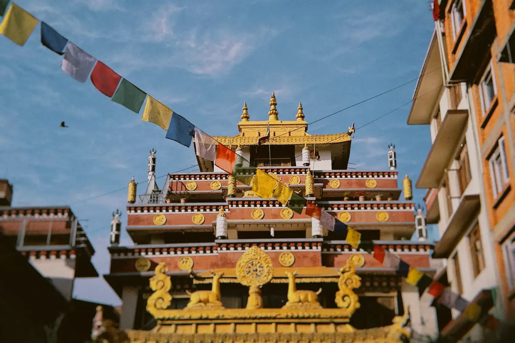 Un templo dorado con banderines de oración, entre los edificios de la ciudad