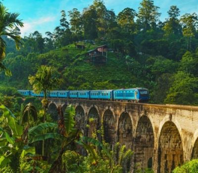 Iconic train passing over Nine Arch Bridge in Demodara, Ella, Sri Lanka